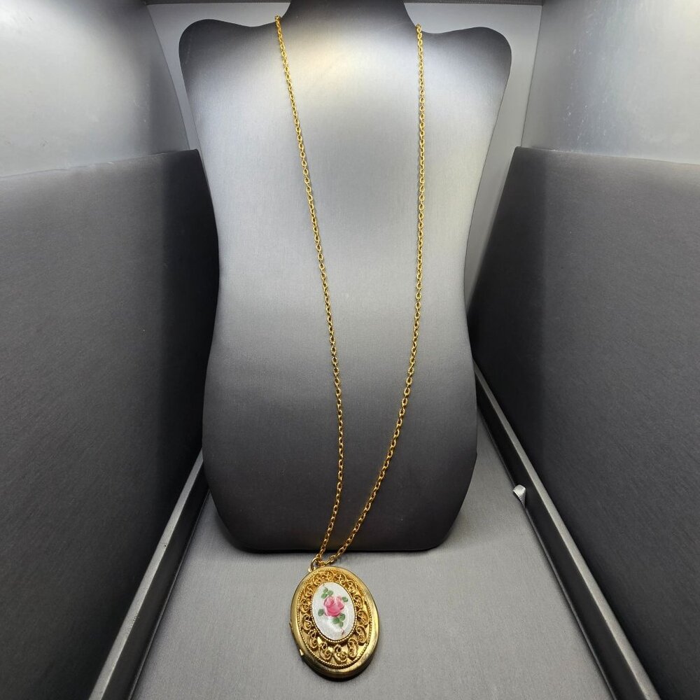VTG Avon Pink Rose Guilloche Enamel Locket Necklace 32" Gold Tone Uncas - Picture 2 of 16